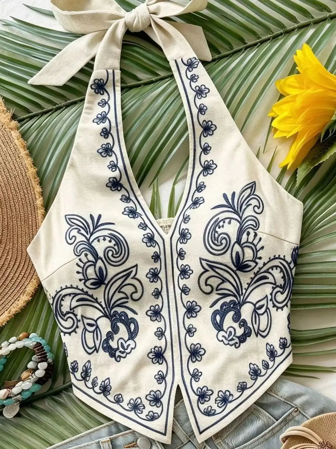 Women's embroidered boho halter crop top — view 6 of 8