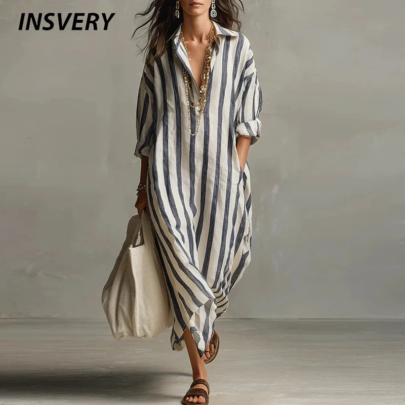 Vintage Printed Maxi Dresses For Women Casual Striped Printed Loose Beach Holiday Long Dresses For Women Party Dress Boho