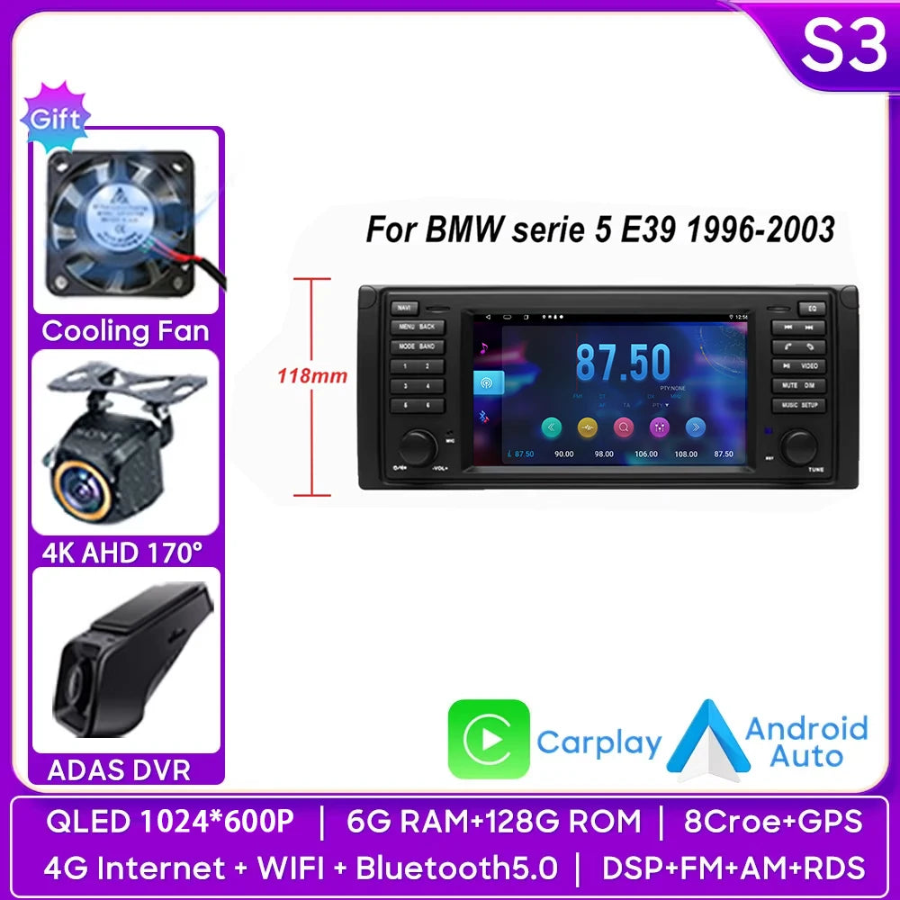 7" Android Car Stereo for BMW 5 Series E39 & X5 E53 (1996–2003) — Android Auto, GPS, 4G, WiFi, 2-DIN