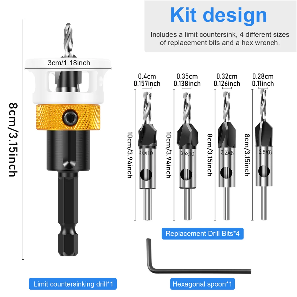 Countersink Drill Bit Set, Adjustable Depth HSS Wood Counterbore