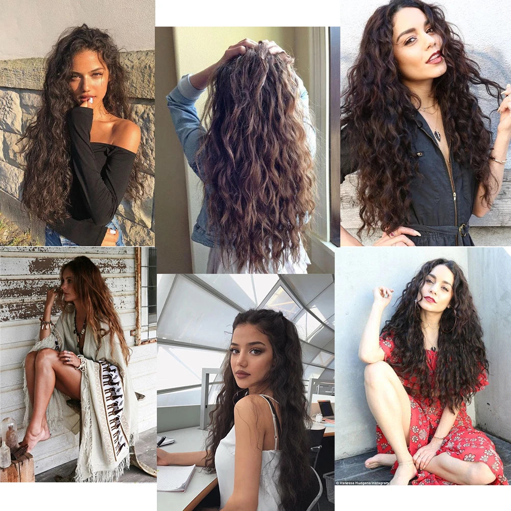 Synthetic 5 Clip In Hair Extensions Long Curly Hairstyle Hairpiece Natural Brown Black 80cm Heat Resistant  Fake Hair For Women