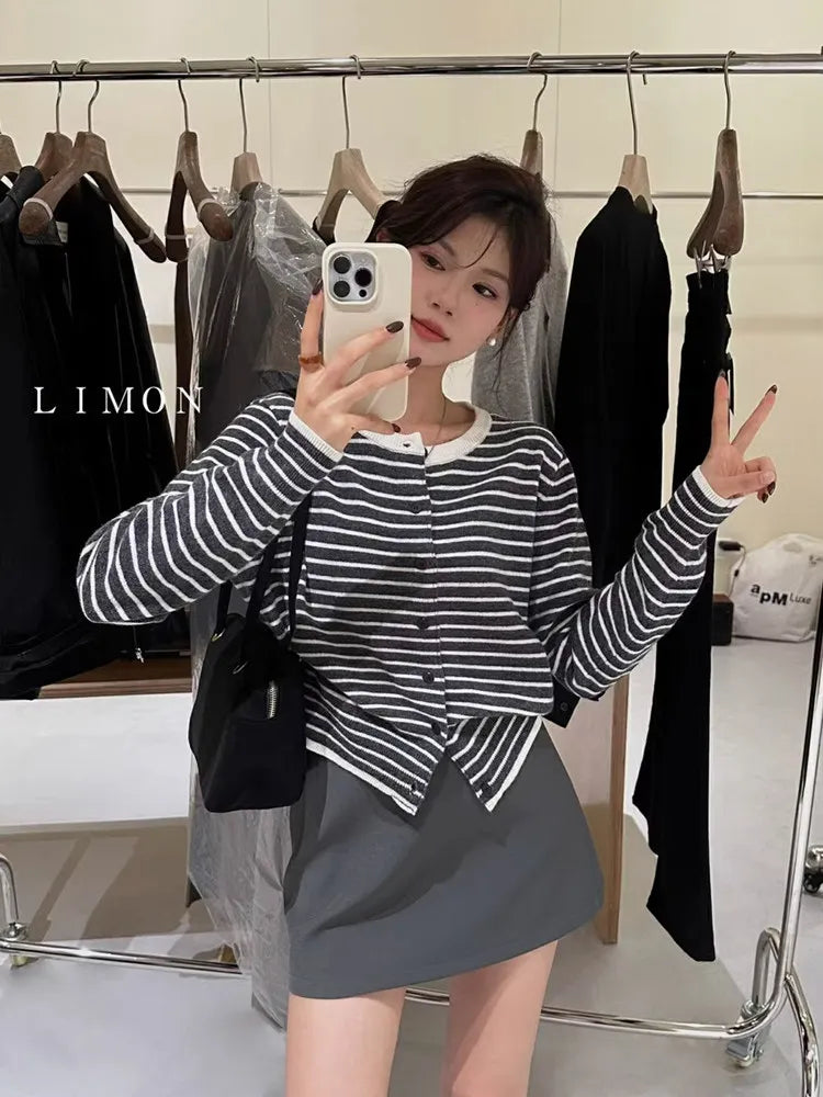 Women's Striped Cropped Knit Cardigan - Round Neck Button Sweater - photo 7