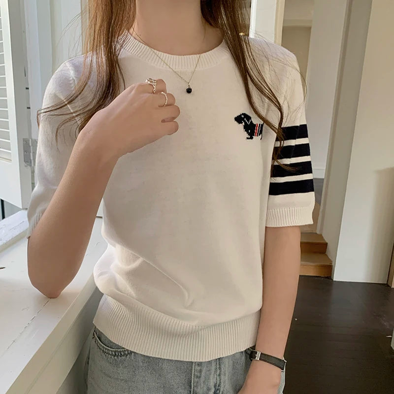 Women's Embroidered Striped Cotton T-Shirt — Loose Round-Neck Summer Top