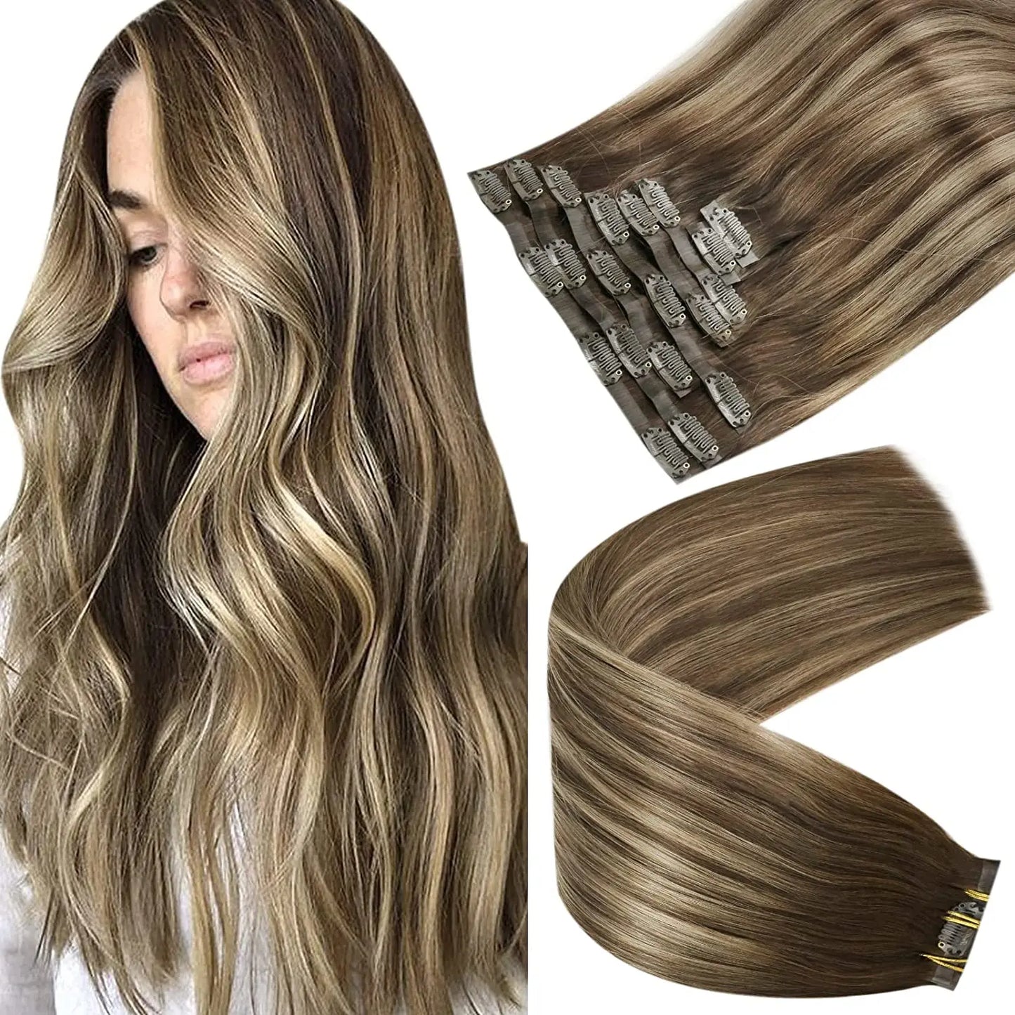 Full Shine Seamless Clip in Hair Extensions Remy Human Hair 8Pcs 120g & 80g Clip In Hair Extensions Human Hair Blonde Skin Weft