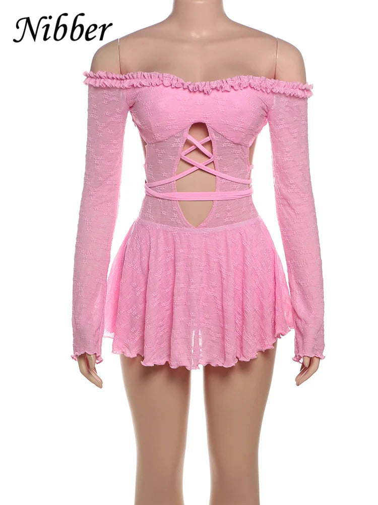 Nibber Slash Neck Backless Dress Sexy Fall Trend Women Thin Bandage Hollow Lace Birthday Party Stretch Jacquard Mini Bodycon