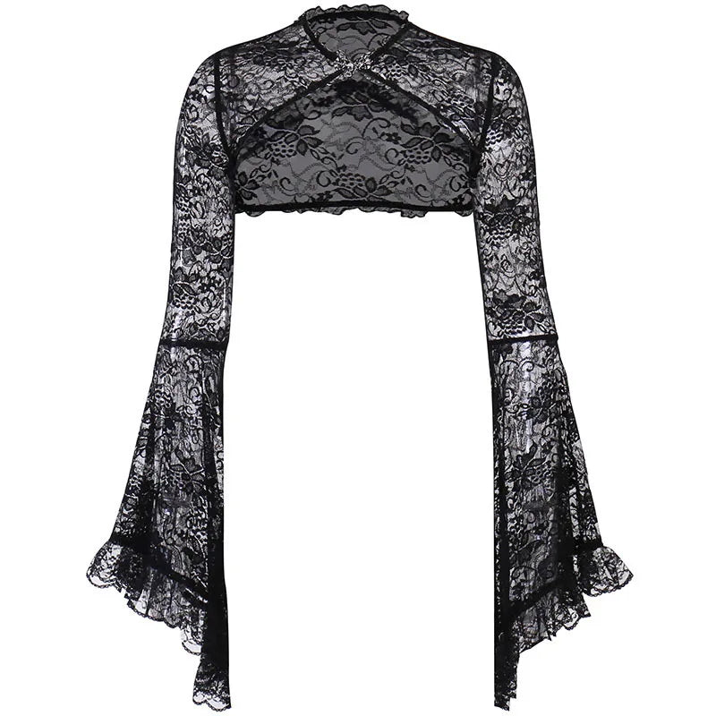 Lace Mall Gothic See Through Shrug Tops Grunge Aesthetic Black Flare Sleeve Crop Top Women Vintage Punk Sexy Clothing