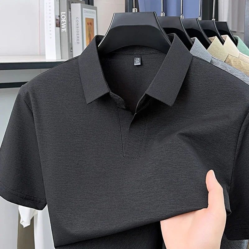 Men's Heather Knit Polo Tee - V-Open Lapel, Anti-Wrinkle Stretch
