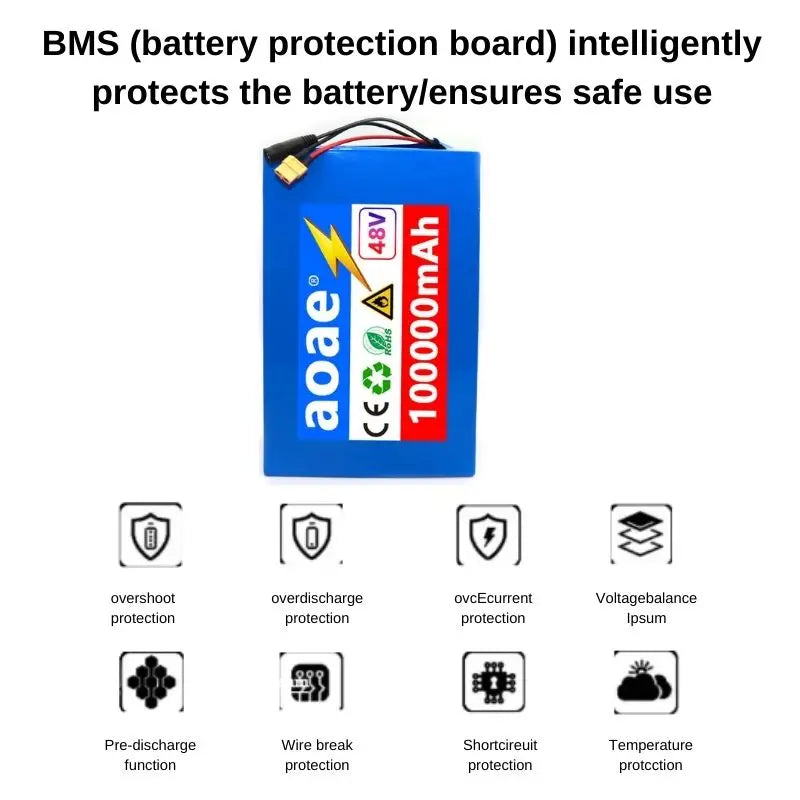 48V 100000mAh 13S8P Battery 2000W Lithium Ion Battery Pack with 50A BMS & Charger