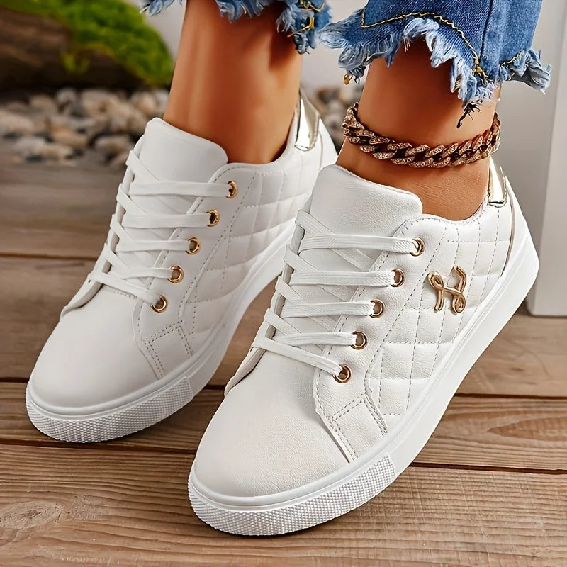 Gold-Embellished Sneakers for Women — Lightweight Lace-Up Low-Top Casual Shoes
