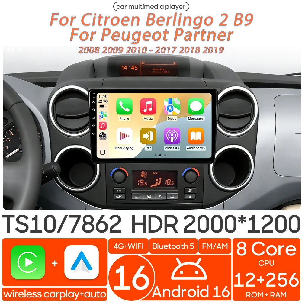 Car Stereo with Apple CarPlay & Android Auto, Compatible with Peugeot Partner & Citroen Berlingo 2 B9