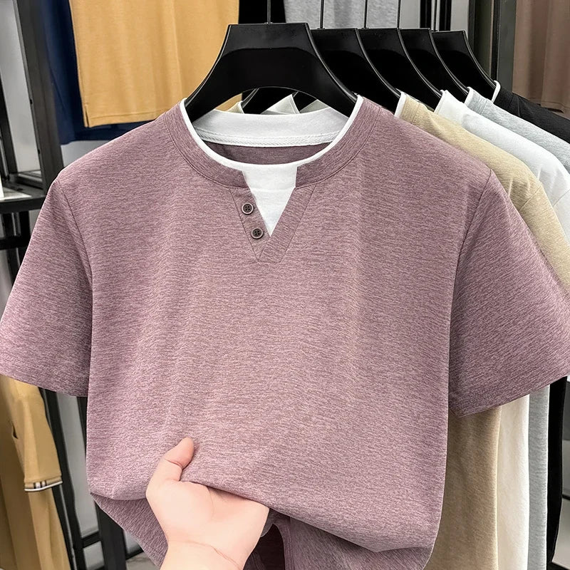 Men's Henley T-Shirt - Short Sleeve Button Detail, Layered Look