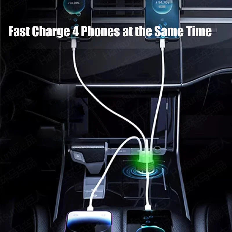 USB-C Car Charger 4-in-1 Dual PD Fast Charge with Voltage Display – iPhone, Samsung, Xiaomi