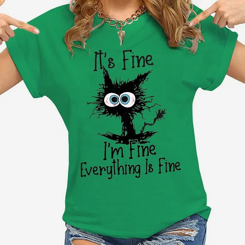 Women Clothes Cat It's Fine I'm Fine Everything Is Fine Print T-shirts Summer Casual Loose  Personalized T-shirts