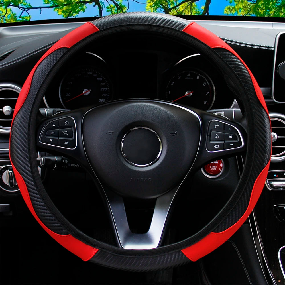 Carbon Fiber PU Leather Steering Wheel Cover – Universal Fit 14.5–15 Inch | Anti-Slip Car Interior Accessory