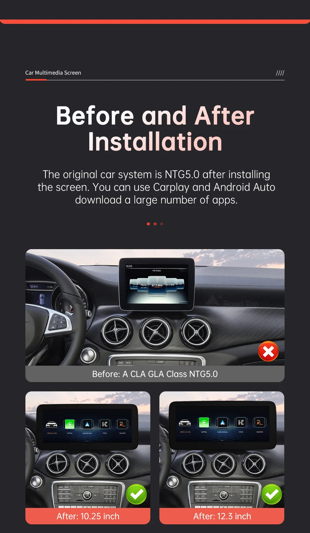 RoadTop Wireless CarPlay Android Auto Car Multimedia Display For Mercedes-Benz CLA GLA A Class W176 2026-2026 NTG5.0 TouchScreen