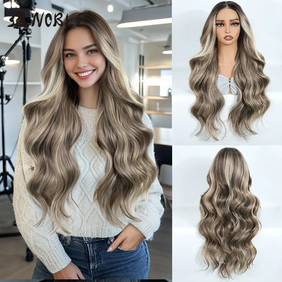 Noble Synthetic Lace Front Wigs For Woman Long Body Wave Wear and Go Glueless Wig Ombre Brown 6x4 Pre Plucked Pre Cut Lace Wig