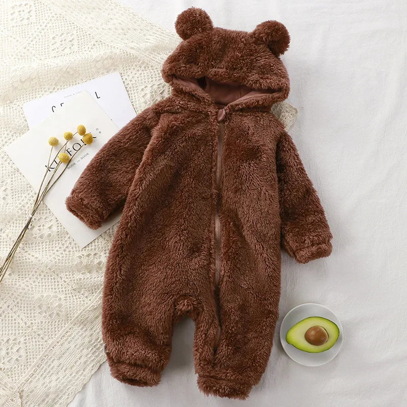 Coral Fleece Bear Baby Jumpsuit - Hooded Infant Winter Overall - photo 4