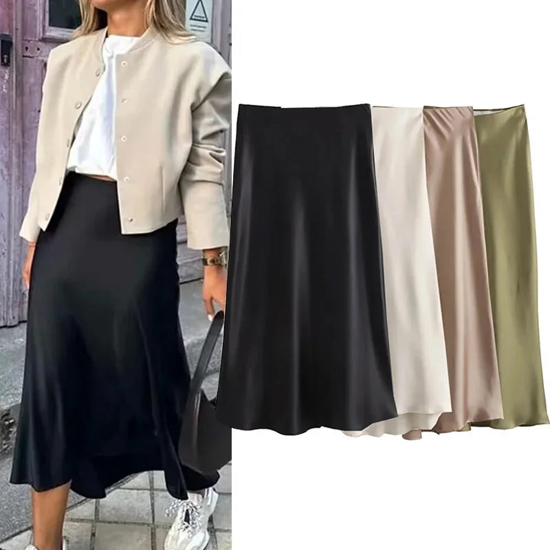 High-Waist Satin Midi Skirt – Elegant Office A-Line Skirt