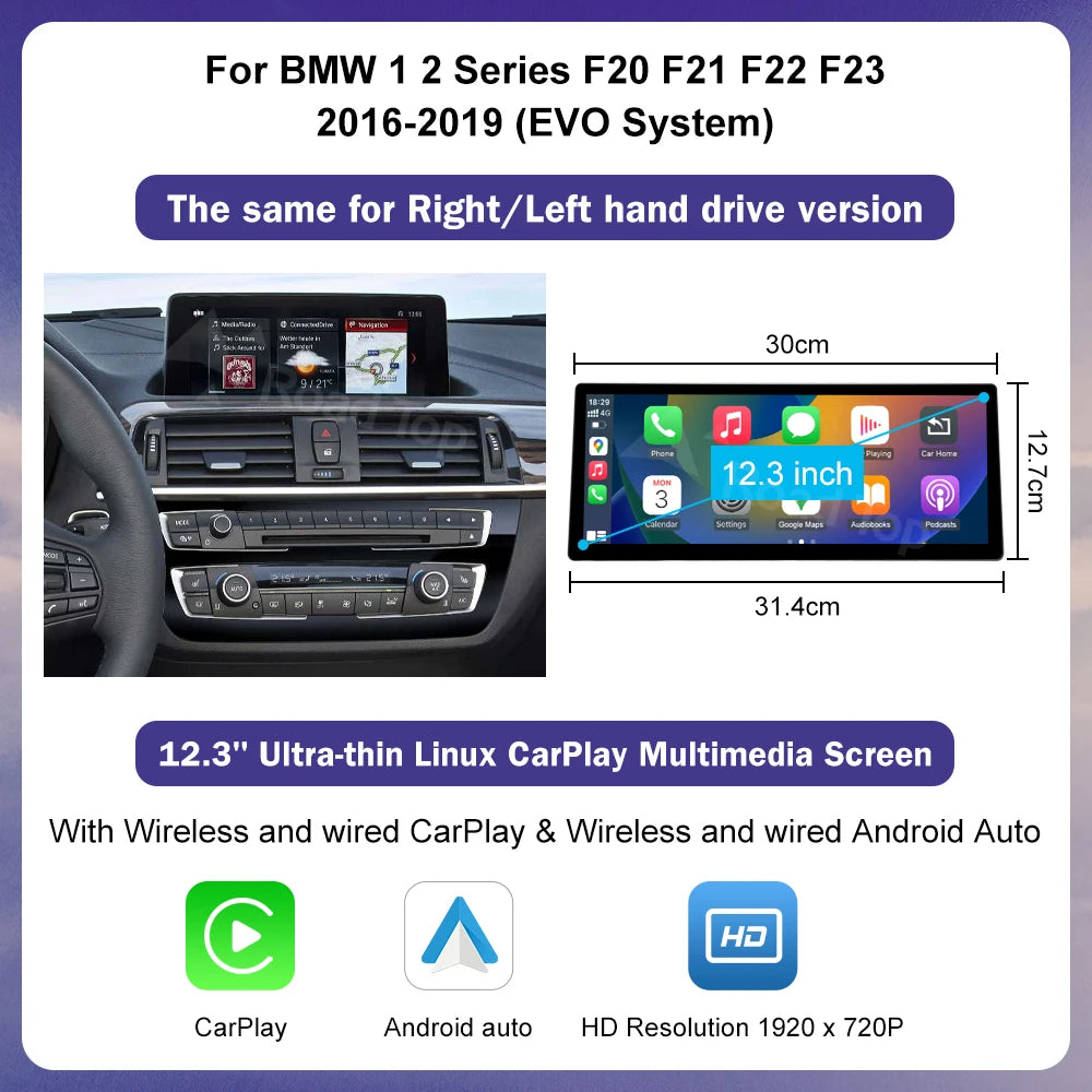 12.3" Ultra-Thin Wireless CarPlay Screen for BMW 1/2/3/4 Series F20 F21 F22 F23 F30 F31 F33 F36 — CIC/NBT/EVO