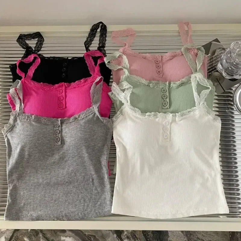 Women's Knit Tank Top — Padded Lace Camisole Crop Vest