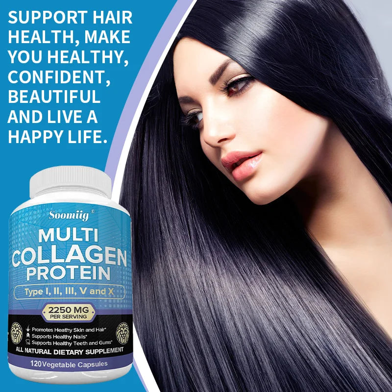 SOOMIIG Multi-Collagen Peptides Capsules – Types I II III V X | Hair, Skin, Nails, Joints & Gut Health | Gluten Free, Non-GMO | 30/60/120 Count