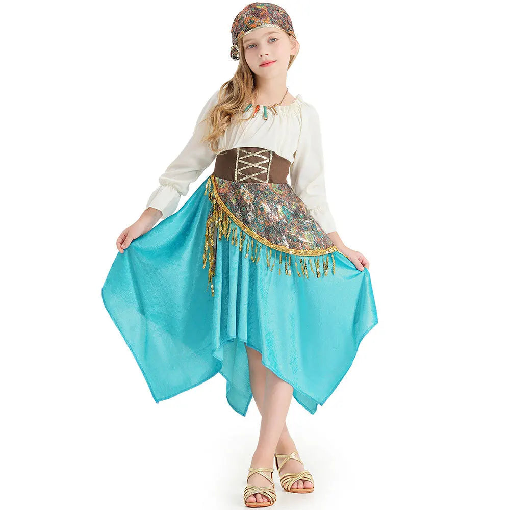 Girls blue flamenco dance costume dress