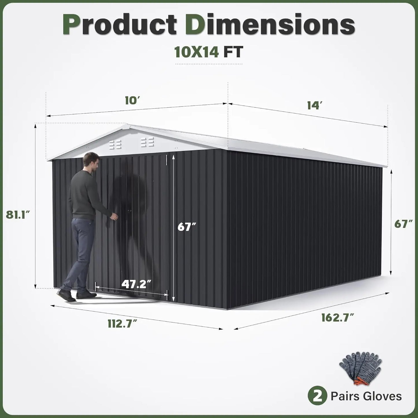 10x14 ft Galvanized Steel Lockable Garden Storage Shed