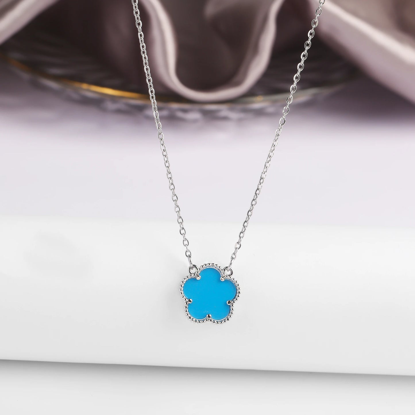 Five-Petal Flower Pendant Necklace — Natural Stone, 7 Colors