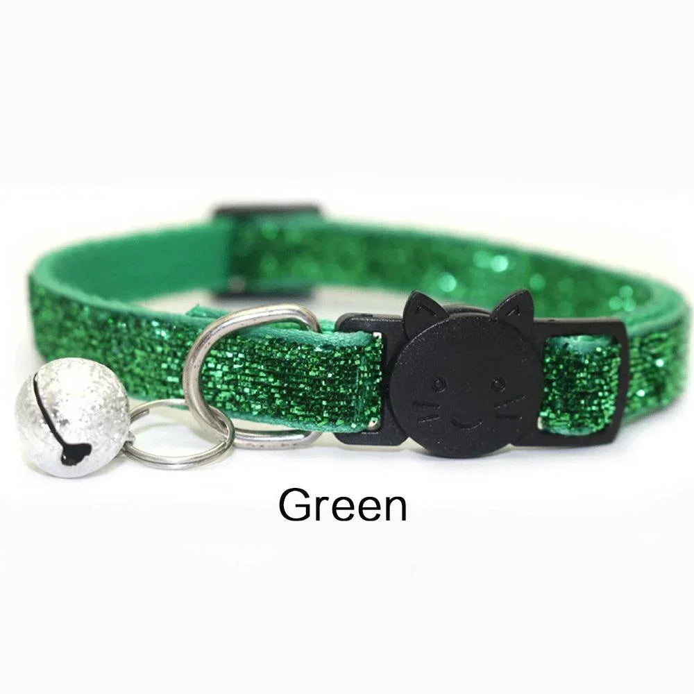 Glitter Velvet Cat Collar with Bell - Cat Face Safety Buckle