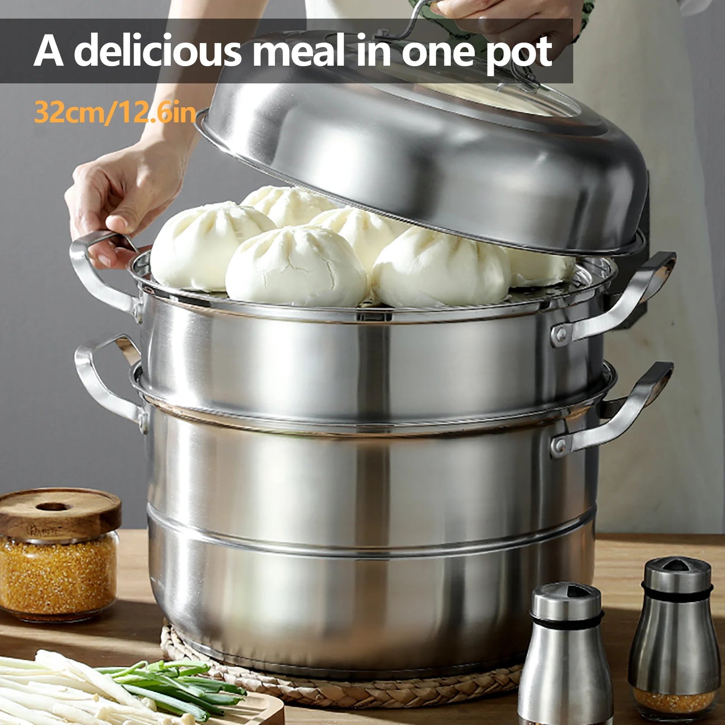 304 Stainless Steel Steamer Pot 2.38 Gallon Capacity 3-Tier Design with Steam Compartments for Cooking Soup