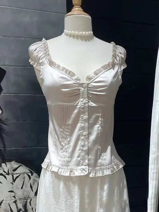 Ruffles White Basic Blouse Top for Woman Summer Folds Single Breasted Sleeveless Tank Tops Casual Cotton Vest Y2k Sweet Camisole