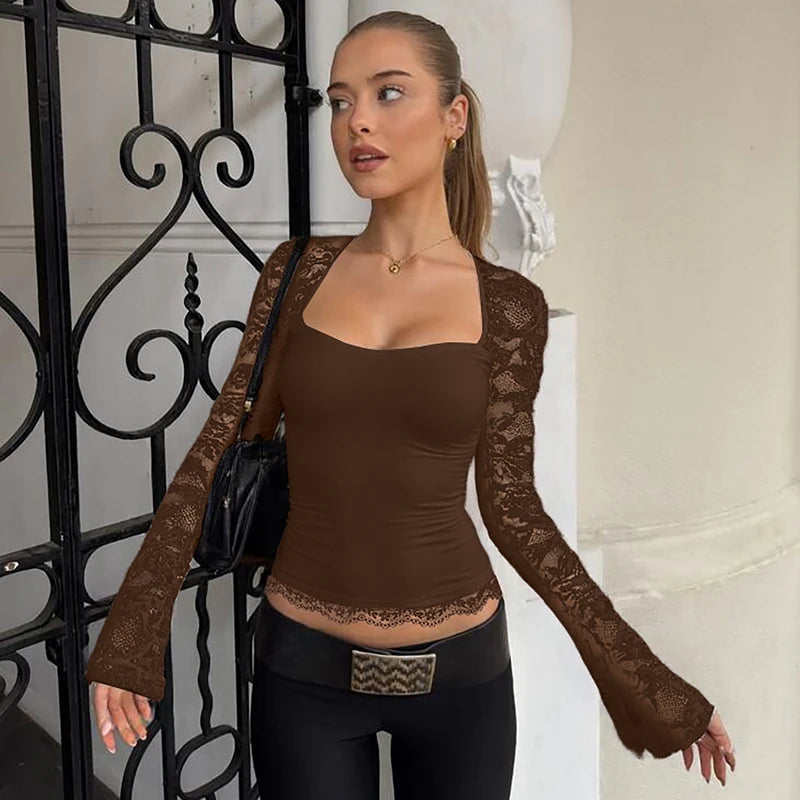 Hugcitar Women Fashion Square Collar Patchwork Lace Floral Print Long Sleeve Sexy Crop T-Shirt Sheer Summer Clothes Party Club