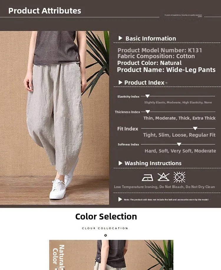 Loose Wide Leg Cotton Linen Pants High Waist Nine Points Women's plus Size Summer New Sle Casual Trousers Versatile Loose Fit