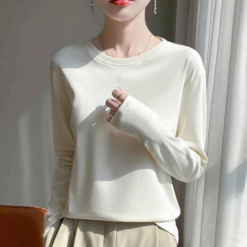 Spring And Summer New Mercerized Cotton Long Sleeve T-shirt Women's Round Neck Loose 100% Cotton Bottoming T-shirt