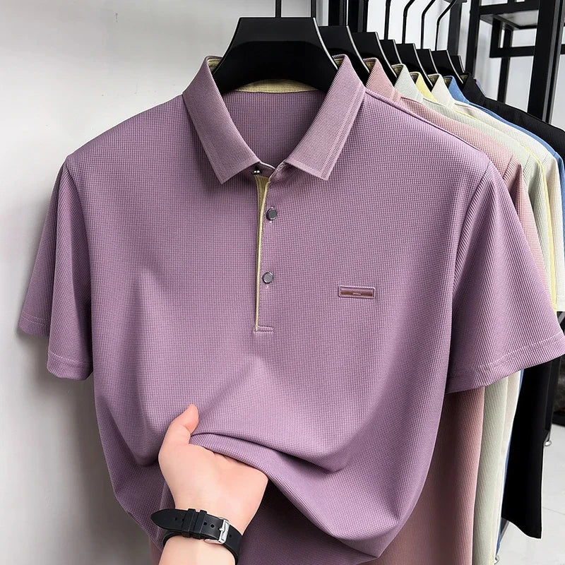 Men's Waffle Mesh Polo Tee - Lightweight Lapel, Elastic Comfort