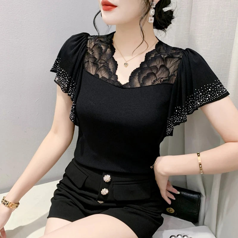 Women Casual Diamonds Lace T Shirts Summer 2026 Korean Fashion Y2k Clothes Slim V Neck Harajuku Sexy Ladies Streetwear Tops Tees