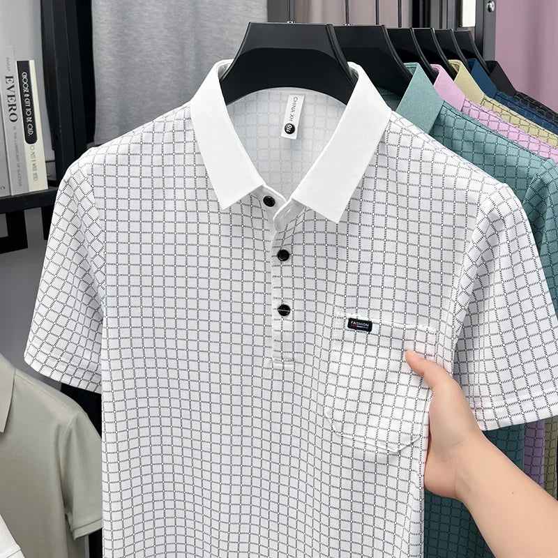 Men's Contrast Lapel Polo - Micro-Lattice Print, Chest Pocket