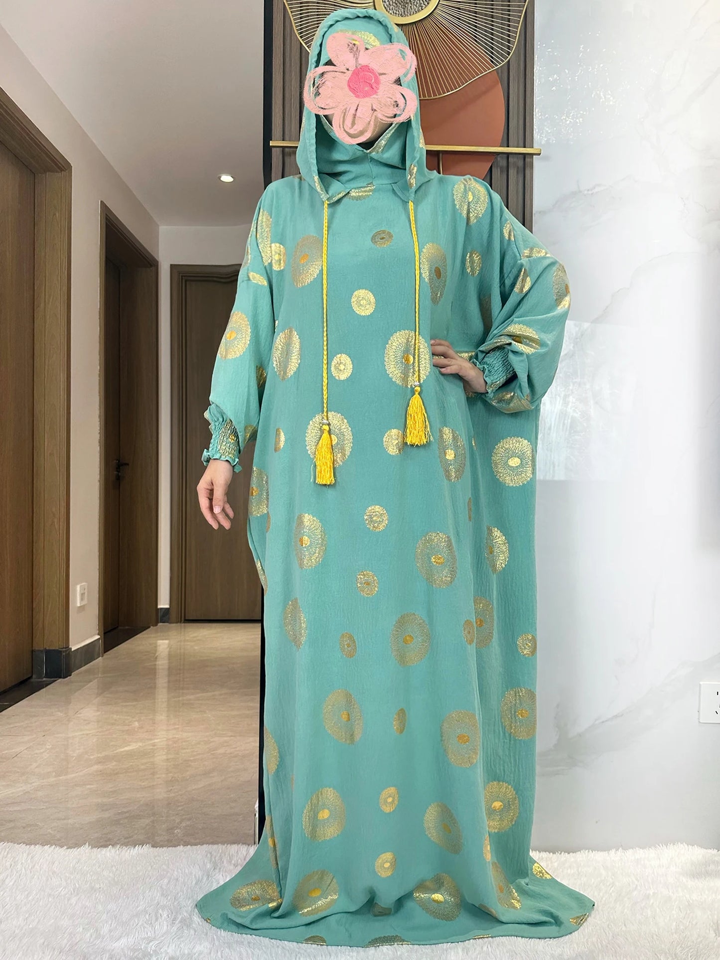 Women's Cotton Embroidered Abaya Kaftan – Gold Dust Shimmer, Loose Fit, All-Season Muslim Dress