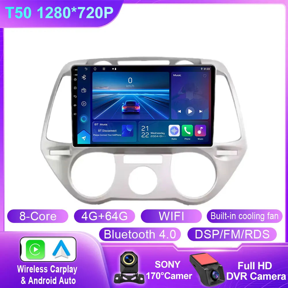 Android 16 Carplay For Hyundai i20 2008 2009 2010 2011 2012 Car Radio Stereo Multimedia Video Player DSP GPS 4G WIFI QLED Screen