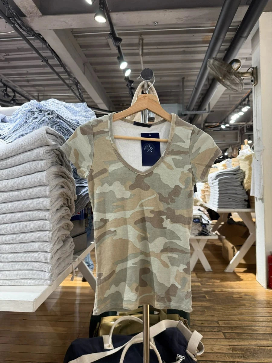 Camouflage Thin Short Sleeve T-shirt Women V-neck Cotton Slim All-match Tee Shirts Female Streetwear Vintage Y2k Tops Summer New