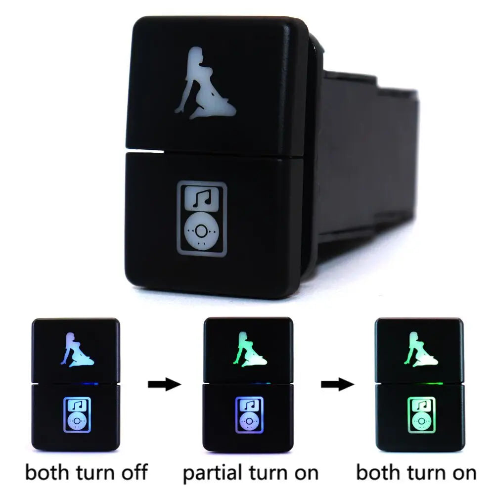 12V Dual Push Button Switch ON-Off Blue/Green Backlit 32.5mm X 22mm for Toyota 4Runner Hilux Prado RAV4, with Connector Wire