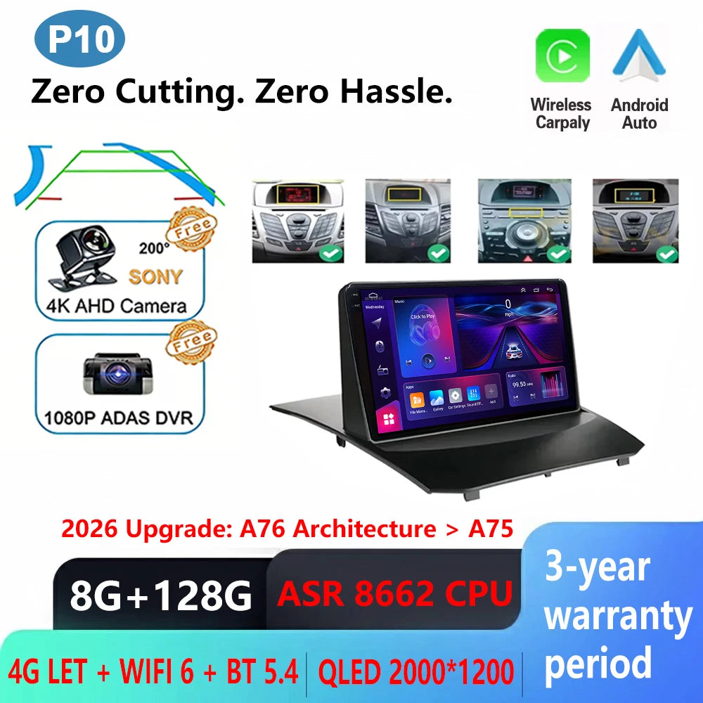 Android Car Stereo for Ford Fiesta MK6/MK7 (2009–2017) — Wireless CarPlay, Android Auto, GPS, 5G WiFi
