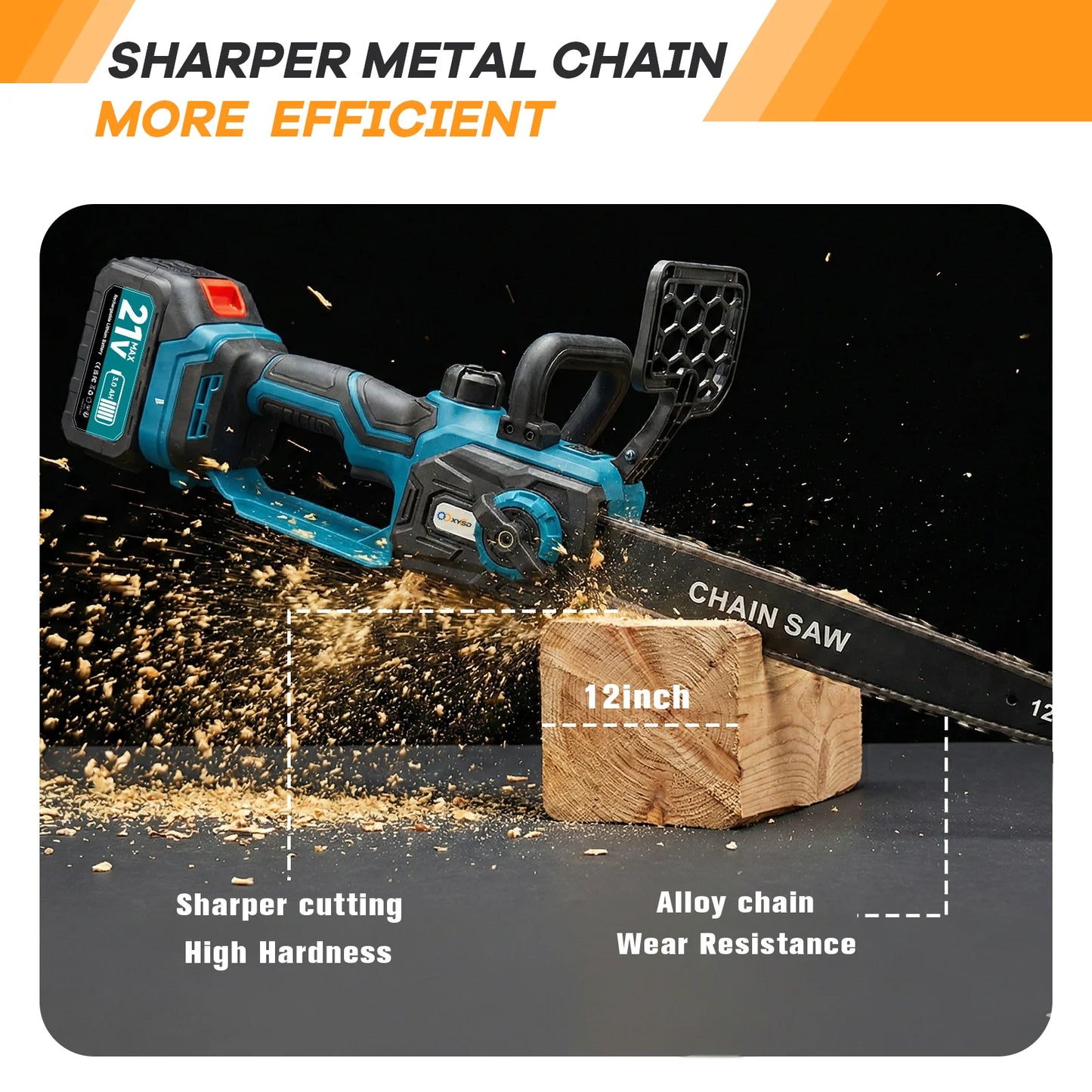 XYSD 12" Cordless Electric Chainsaw — 21V Handheld Saw for Tree Trimming