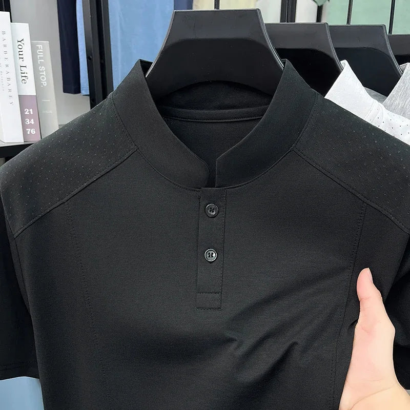 Men's Split-Neck Tee - Vented Perforated Fabric, Breathable Slim