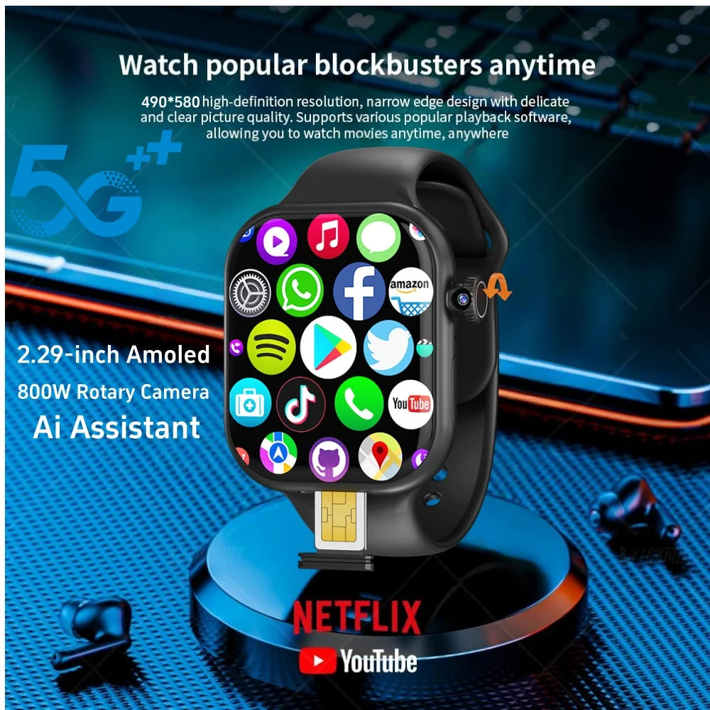 VP49 5G Smartwatch S12 Plus 5G LTE Android 13.0 Smart Watch With 190° Rotating Camera GPS WIFI Compass Play Store Sim Card Slot