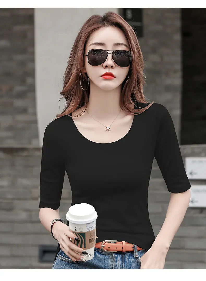 MRMT Women's White Mid-Sleeve Bottoming T-Shirt – Half Sleeve Tight O-Neck Top 2026