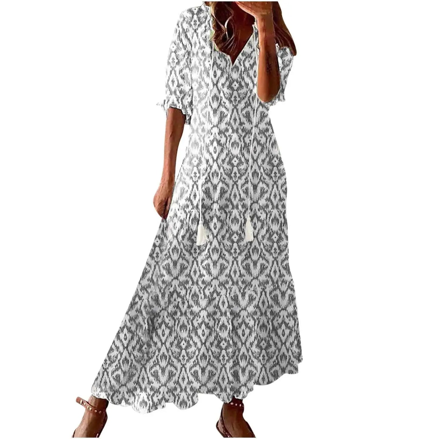 Women's Boho Maxi Dress – Casual V-Neck Drawstring Long-Sleeve Printed Bohemian Dress