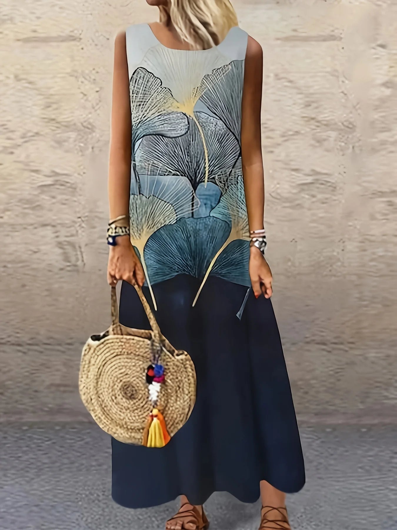Bohemian Vacation Sunflower Ethnic Print Round Neck Dress Loose Vacation Long Dress Dopamine Dress Light Mature Maxi Dresses