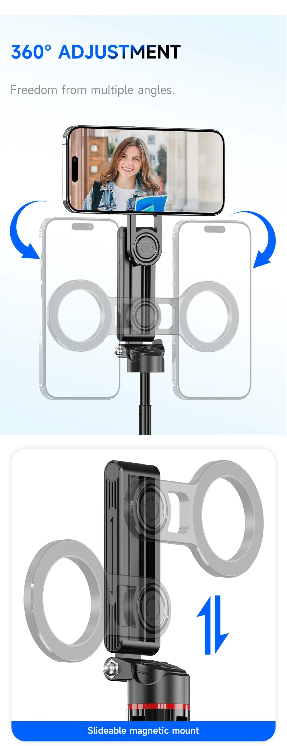 Mini Magnetic Selfie Stick Tripod Removable Remote Control Quadrapod Holder 360° Rotation for iPhone 16 15 14 13 12 Vlog Live