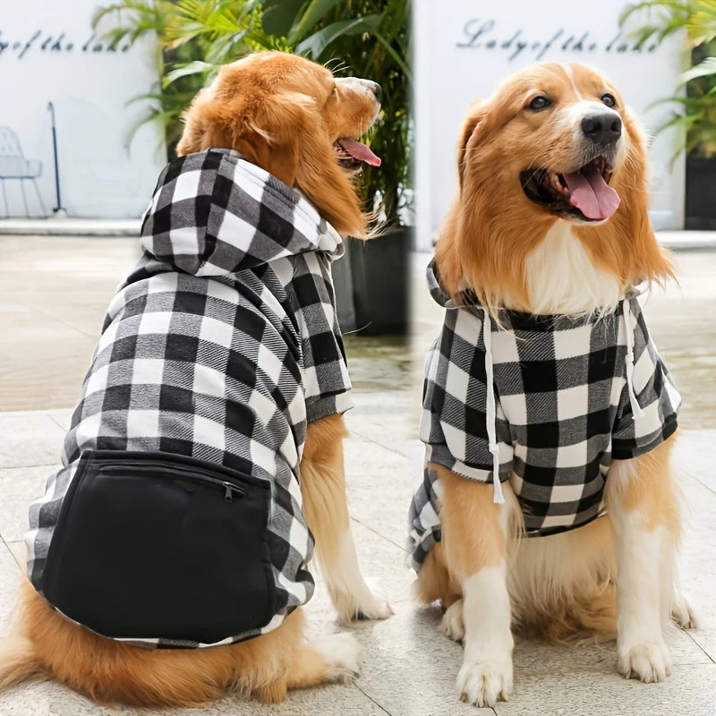 Plaid Hooded Pet Hoodie with Zipper Pocket - Soft Fleece Dog Sweatshirt - photo 4